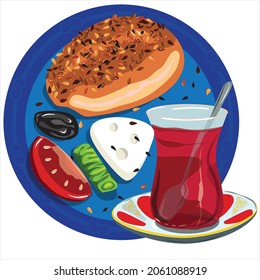 Traditional Turkish breakfast with feta cheese, Turkish tea and simit. vector illustration. traditional delicious food