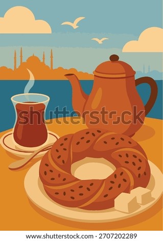 Traditional Turkish breakfast illustration with simit, Turkish tea and teapot by the Bosphorus, featuring Istanbul skyline and seagulls.