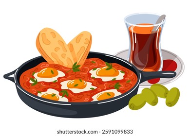 Traditional Turkish breakfast with menemen, bread, olive and tea in cartoon style. Delicious combination of egg, tomatoes and spices served in pan with classic side dishes isolated on white background