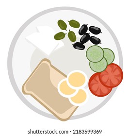 Traditional Turkish breakfast plate vector illustration isolated on white background. Simple single Turkish breakfast plate design.