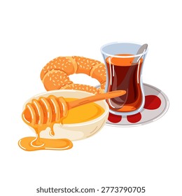 Traditional turkish breakfast with simit bagel, glass of black tea and bowl of honey. Food and drink concept. Cartoon style illustration for cafe menu.