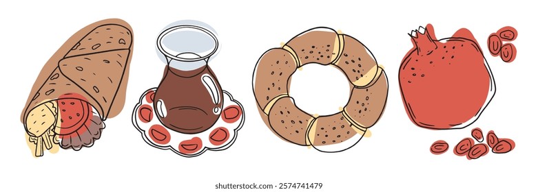 A traditional Turkish breakfast spread featuring simit, tea, and pomegranate. Perfect for culinary, Mediterranean cuisine, or morning food themes.