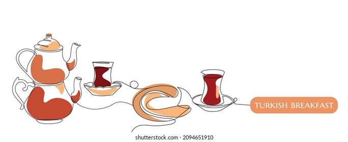 Traditional Turkish breakfast. Tea and Simit or Turkish bagel. Vector one linear continuous art with text Turkish style. Isolated elements for banner, logo or social media.