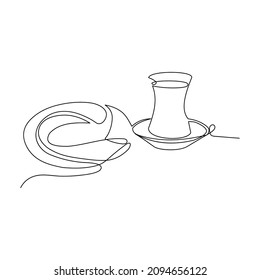 Traditional Turkish breakfast. Tea and Simit or Turkish bagel. Vector one linear continuous art with text Turkish style. Isolated elements for banner, logo or social media.
