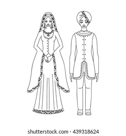 Traditional turkish clothing, national middle east cloth, man and woman sultan costume isolated on white background, turkish dress outline vector