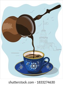 
traditional turkish coffee and coffee pot
background maiden tower vector illustration svg