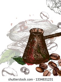 Traditional Turkish coffee Pot. Cocoa beans freehand drawing, chocolate fruit, vector illustration, invigorating ingredient cocoa drink. Decorative retro design, print, card, banner.