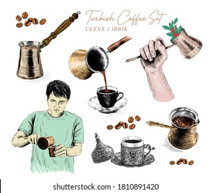 Traditional Turkish Coffee pot, silver cup. Pouring Turkish Coffee from traditional pot into cup. Barista brewing coffee with cezve / ibrik method. Hand drawn illustration.