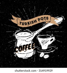Traditional Turkish coffee pot. Sketched illustrations background in a separate layer. 
