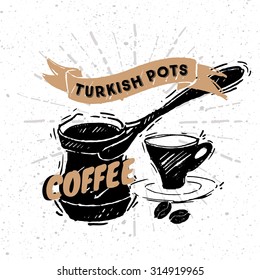 Traditional Turkish coffee pot. Sketched illustrations background in a separate layer. 
