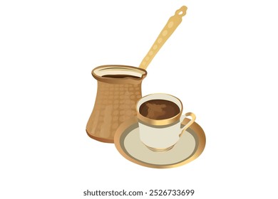 Traditional turkish coffee serve with cezve and small porcelain coffee cup. traditional Turkish coffee pot and cup vector illustration.