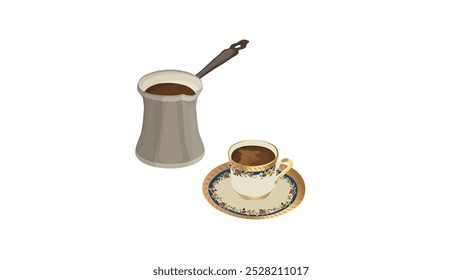 Café turco tradicional servido con taza de café cezve y Pequeña de porcelana. cafetera turca tradicional y taza de Ilustración vectorial.