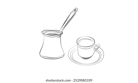 Traditional turkish coffee serve with cezve and small  coffee cup. traditional Turkish coffee pot and cup vector illustration. Line art	
