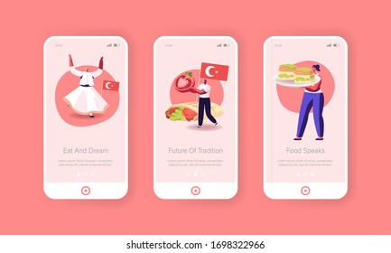 Traditional Turkish Cuisine Mobile App Page Onboard Screen Template. Tiny People Characters in National Costumes and Tourists with Sweets and Pita with Stuffing Concept. Cartoon Vector Illustration