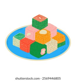 Traditional Turkish delight rahat lokum. Traditional middle eastern dessert. Hand drawn vector illustration