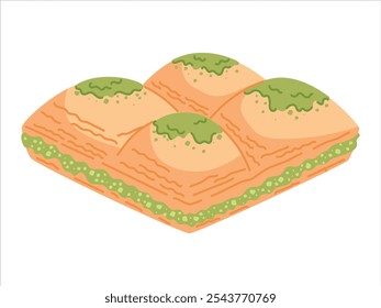 Postre turco tradicional, baklava de pistacho hecho de hojaldre. Vector aislado ilustración plana, oriental nuez dulce.