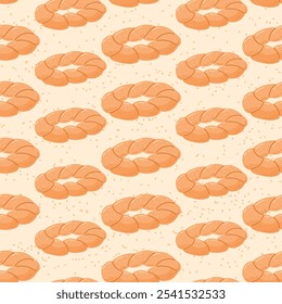 Traditional Turkish food, baked simit bagel with sesame seeds. Vector seamless pattern, flat illustration of bakery product.