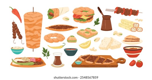 Comida tradicional turca, platos y dulces orientales. Conjunto de Vector aislado en ilustraciones planas blancas. Deliciosos panes planos, kebabs de carne.