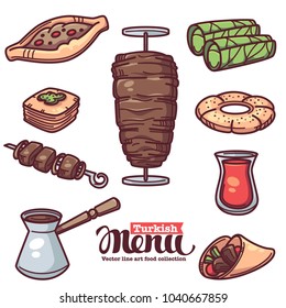 Traditional turkish food, line art objects collection for your menu