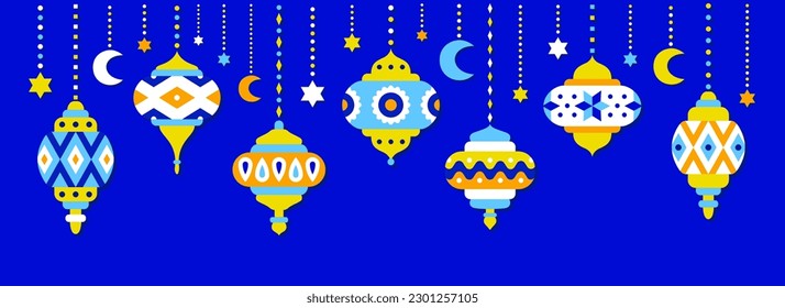 Traditional turkish mosaic lamps flat design. Eastern style website banner. Ethnic blue background of ornate hanging lanterns. EPS 10 vector illustration.