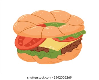 Traditional Turkish pastry, bagel sandwich with sesame seeds, simit with filling, herbs, tomatoes and cheese. Vector isolated flat food illustration, Mediterranean healthy breakfast.