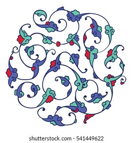 Traditional Turkish pattern design with detailed Iznik style floral motifs drawn freehand on digital tablet, elegant rumi style Islamic flourishes