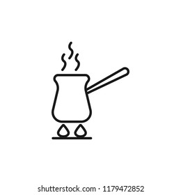 Traditional turkish pot for coffee linear icon. Cafe and restaurant menu design. Coffee house outline vector pictogram. Coffee shop or coffee maker logo. Equipment for cafeteria and barista.