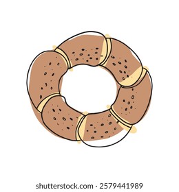 Traditional Turkish sesame-covered simit bagel design, emphasizing street food culture. Perfect for bakery, travel, or breakfast illustrations.