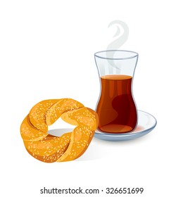 Traditional Turkish tea with bun with sesame seeds. vector illustration