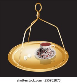 Traditional Turkish tea and coffee tray with a cup of Turkish coffee with sugar cubes. Vector, illustration.