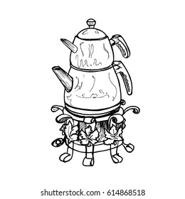 Traditional turkish tea pot "caydanlik". Hand drawn sketch vector illustration on white background. Black & white.
 