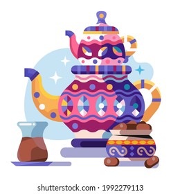 Traditional turkish tea pot kettle, black tea cup and oriental bowl of dates. Turkey middle eastern hospitality concept in flat design.