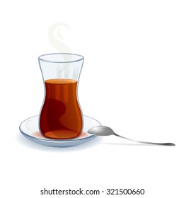 Traditional Turkish tea with a spoon. vector illustration
