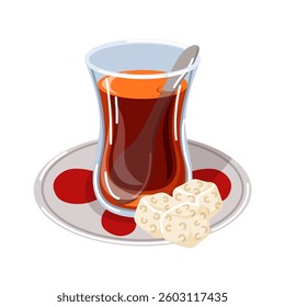 Traditional Turkish tea in a tulip glass with a spoon and sugar cubes on a decorative plate in cartoon style. Perfect for themes related to breakfast, culture, hospitality and beverage.