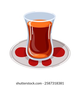 Traditional Turkish tea in a tulip shaped glass on a saucer with red patterns in cartoon style. Perfect representation of Turkish breakfast culture for design, menu cafe, restaurant, culinary project.