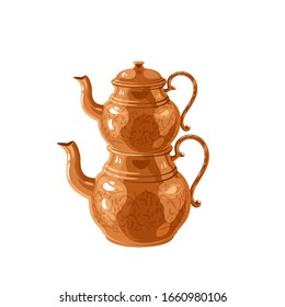 Traditional Turkish two-tier copper teapot kettle. Vector illustration cartoon flat icon isolated on white.