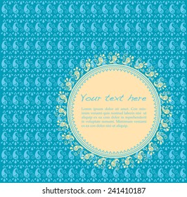Traditional turquoise and cream Indian henna pattern with round lotus banner for text