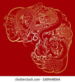 Traditional two dragon battle with clouds and wave for tattoo design.Chinese dragon for painting on wallpaper background.Hand drawn Japanese tattoo design with flower and wave for printing on jacket.