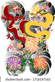 Traditional two dragon battle with clouds and wave for tattoo design.Chinese dragon for painting on wallpaper background.Hand drawn Japanese tattoo design with flower and wave for printing on jacket.