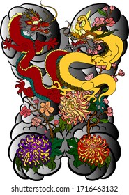 Traditional two dragon battle with clouds and wave for tattoo design.Chinese dragon for painting on wallpaper background.Hand drawn Japanese tattoo design with flower and wave for printing on jacket.