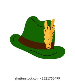 Traditional Tyrolean hat illustration. Headdress made of felt decorated with feathers. Green oktoberfest hat with feather. Isolated on a white background.