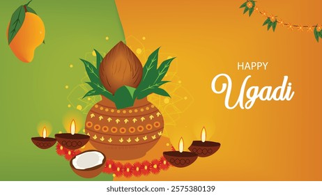 Traditional Ugadi celebration with a decorated pot (Kalash), mangoes, coconut, and oil lamps, set against vibrant orange and green hues, with the greeting 'Happy Ugadi'