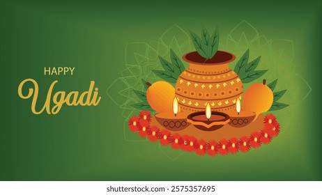 Traditional Ugadi celebration featuring a pot, mangoes, flowers, and oil lamps arranged with a festive ambiance. 'Happy Ugadi' text adorns the top