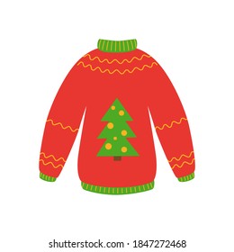 Traditional ugly Christmas sweater red color with christmas tree vector illustration isolated on white background. Knitted winter jumpers 