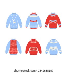 Traditional ugly Christmas sweater set vector illustration isolated on white background. Knitted winter jumpers with Nordic ornament.