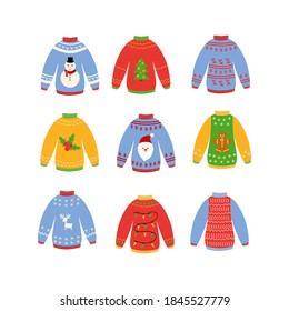 Traditional ugly Christmas sweater set vector illustration isolated on white background. Knitted winter jumpers with Nordic ornament.