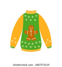 Traditional ugly Christmas sweater yellow and green color with ginger man cookie vector illustration isolated on white background. Knitted winter jumpers 