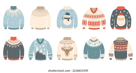 Traditional ugly christmas sweaters. Cartoon cute wool jumper. Knitted tacky winter holidays pullover with funny snowman, santa deer and snowflake ornament. December clothes. Vector illustration