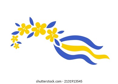 Traditional Ukraine floral wreath with blue, yellow ribbon icon.  National, patriotic symbol. Vector flat illustration.