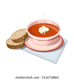 Traditionelle ukrainische Rübensuppe, Borsch.Russische Küche aus Rübe, roter Borsch.Vektorgrafik einzeln auf weißem Hintergrund.Teller mit heißer Suppe mit sauer Sahne und zwei Scheiben frisches Brot